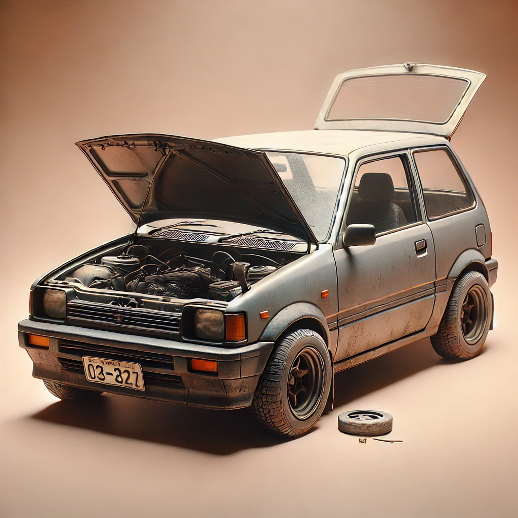 Project car with hood open